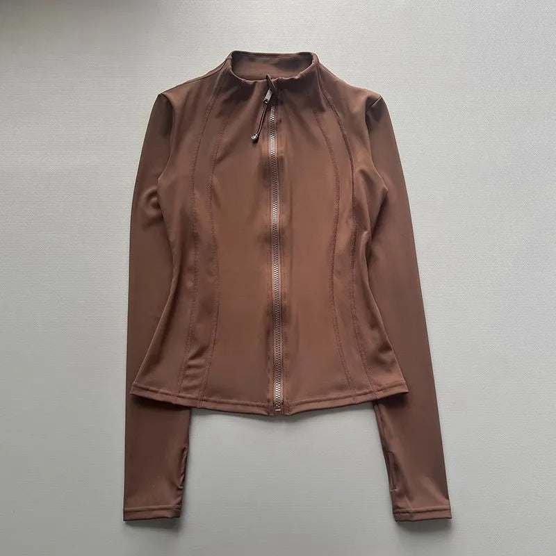 Windproof Fitted Yoga Jacket for Women-Thickened Stand Collar Long Sleeve Cardigan for Running Gym/Fall Cycling with Quick-Dry