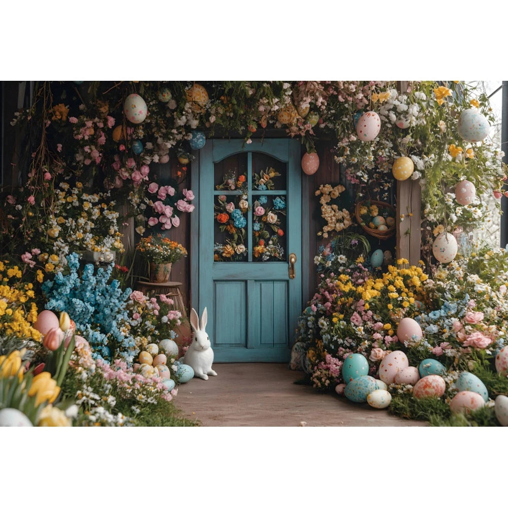 Happy Easter Day Photography Background Blue Wood Board Easter Egg Spring Flower Rabbit Kid Birthday Portrait Photocall Backdrop