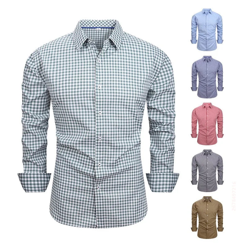 Men's Long-Sleeved Shirt, Plaid Long-Sleeved Shirt, Business Casual Slim-Fit Collared Shirt, Multiple Colors Available.