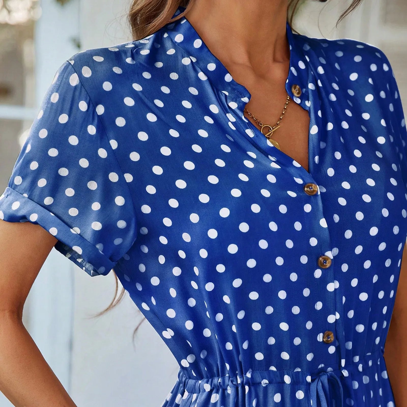 Elegant retro polka dot dress Women's Summer Midi Dress V Neck Single Breasted Short Sleeve Dresses Fashion Print Dress