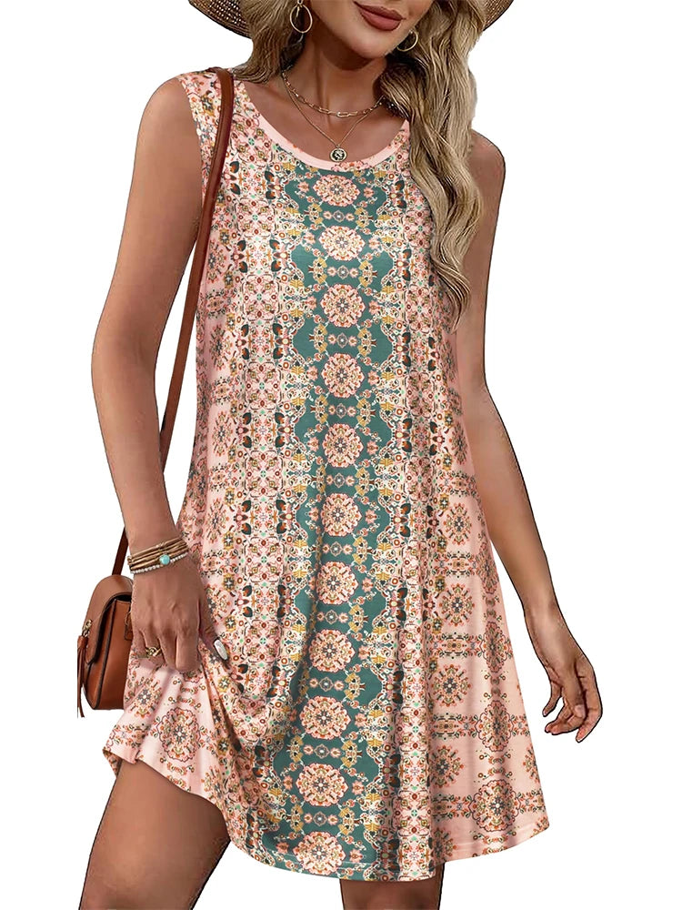 Women's Summer Multicolor Asymmetrical Striped Sleeveless Round-Neck Printed Dress with Pockets—Simple Casual Tank Dress
