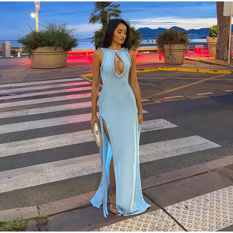Women Solid Braided Trim Cutout Maxi Dress Sleeveless High Slit Bodycon Fit Gown 2026 Summer Elegant Evening Formal Party Outfit