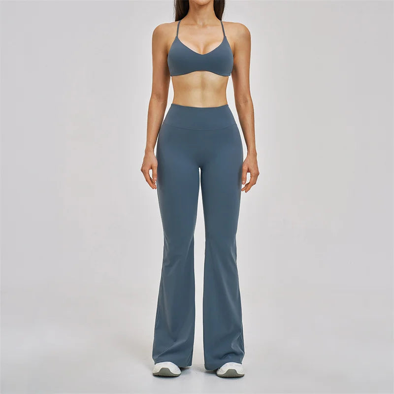 TRY TO BN Women's Tracksuit 2 Pieces Yoga Set Back Y Bra High Waist Leggings Flare Fitness Sportwear Workout Running Gym Clothes