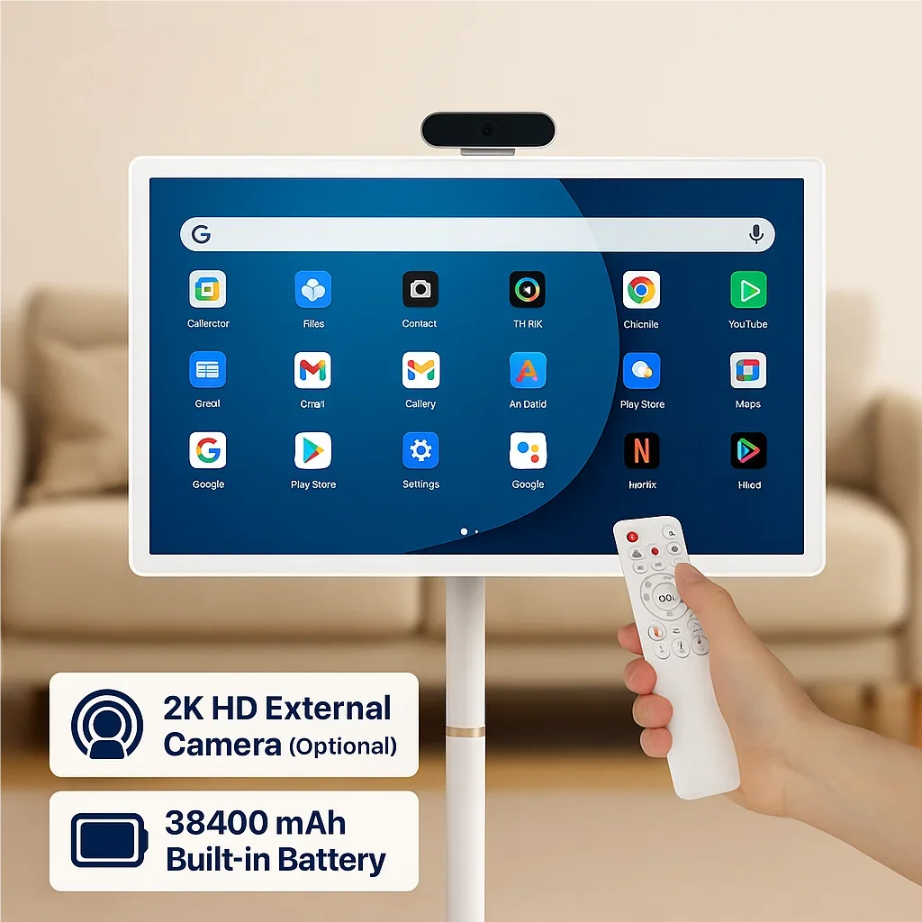 32 Inch Android 15 6G+128G Smart Screen, Floor Stand TV with Remote Controller, 2K Camera Video Call, Inbuit 148WH Battery Power