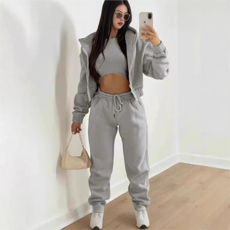 Women's 3 Piece Sets Suit Casual Long Sleeve Zip Hoodies Tank High Waist Sweatpants Jogger Pant Suits Sporty Three Pieces Outfit