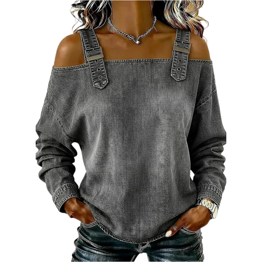 Women's Denim Top, Stylish Off-the-shoulder Long-sleeved Top with Shoulder Straps, Elegant and Versatile Denim Shirt, Streetwea