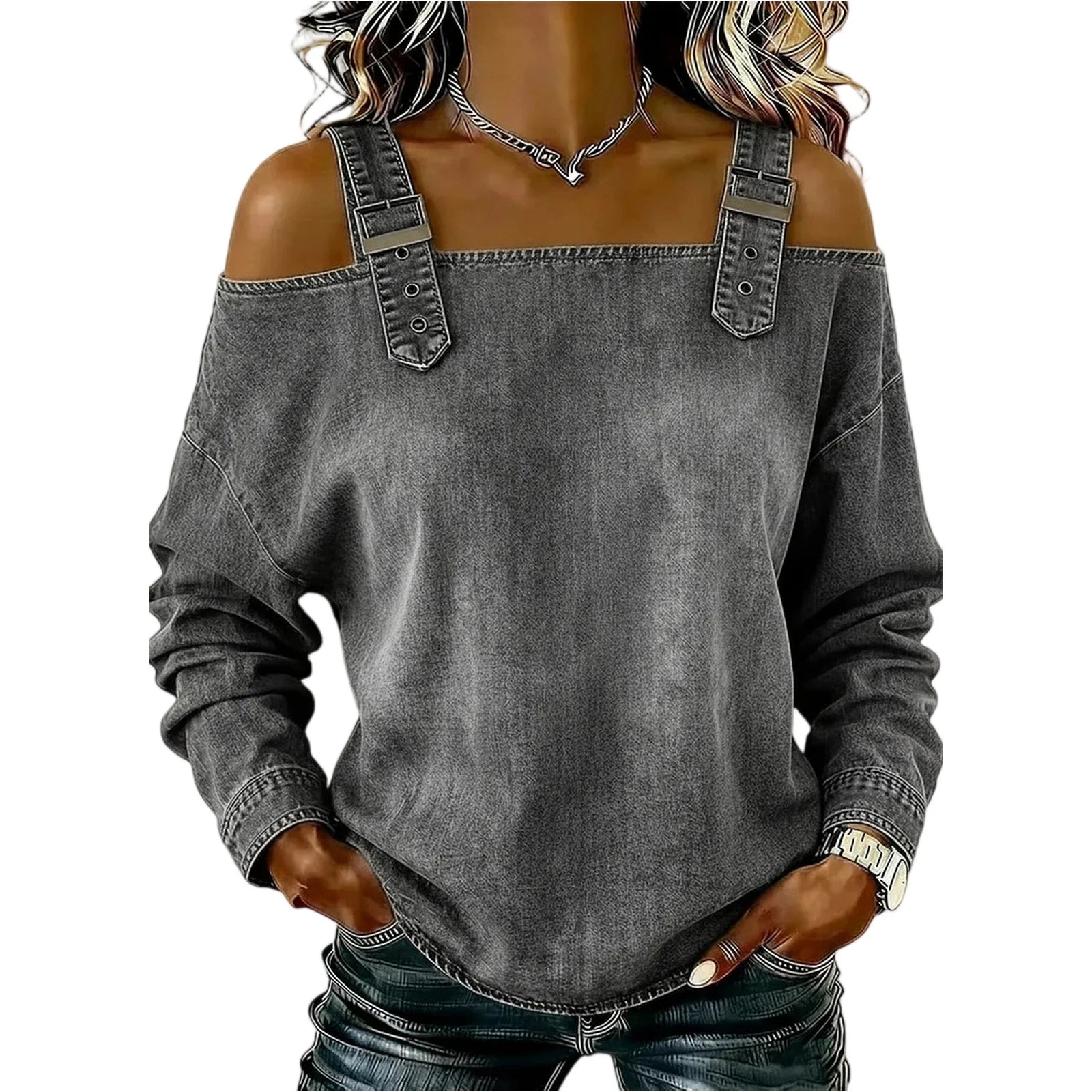 Women's Denim Top, Stylish Off-the-shoulder Long-sleeved Top with Shoulder Straps, Elegant and Versatile Denim Shirt, Streetwea