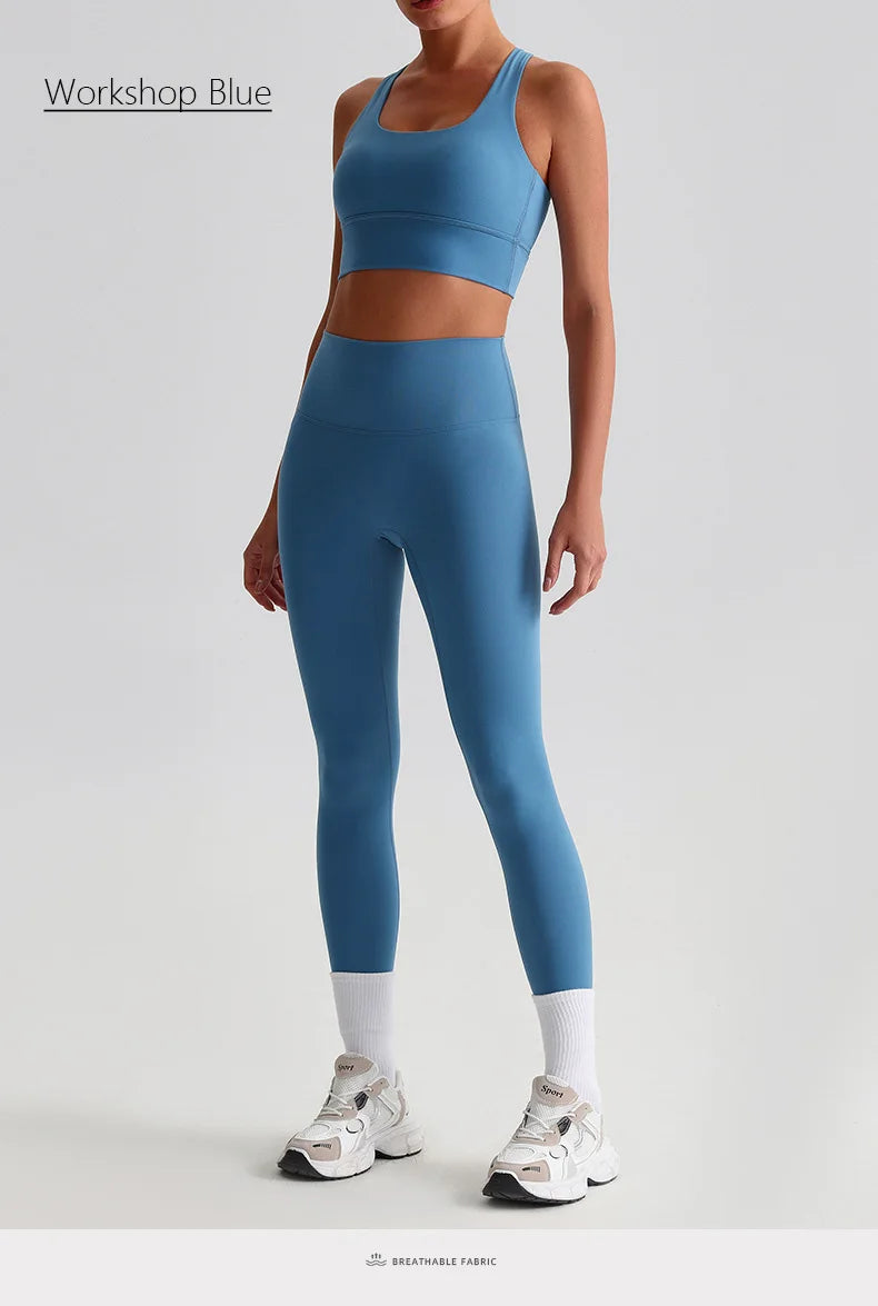 Naked Feel Yoga Set Women Fitness Sportswear 2 Piece Strappy Sports Bra High Waist Gym Leggings Workout Outfit Active Wear