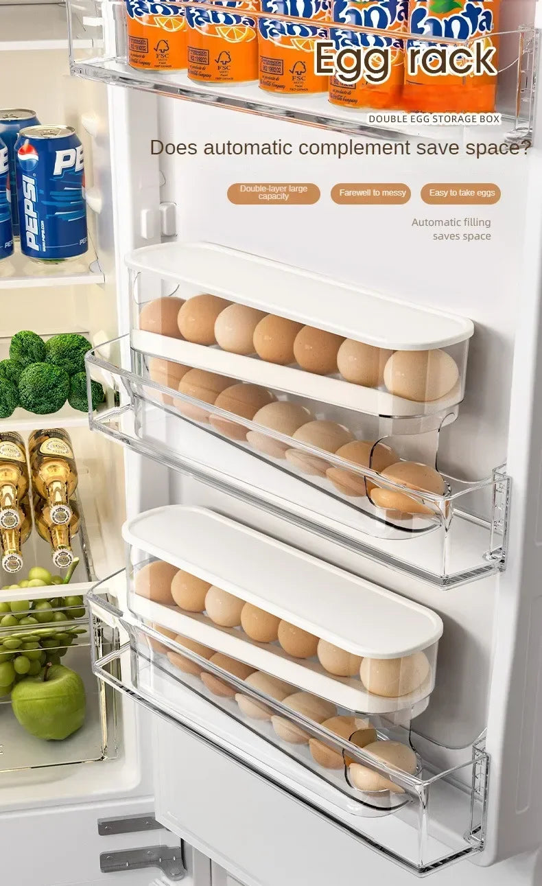 Double Layers Egg Storage Box Refrigerator Automatic Rolling Slide Egg Rack Refrigerator Side Door Freshness Box Kitchen Storage