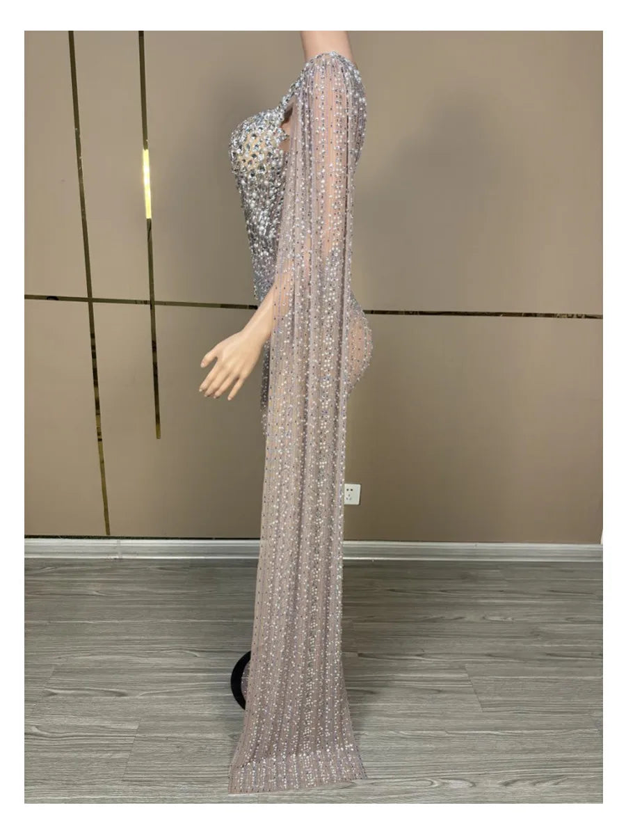 Luxury Sparkling Champagne Large Crystal Transparent Long Train Dress Set Birthday Celebration Dress Evening Wedding Dance Dress