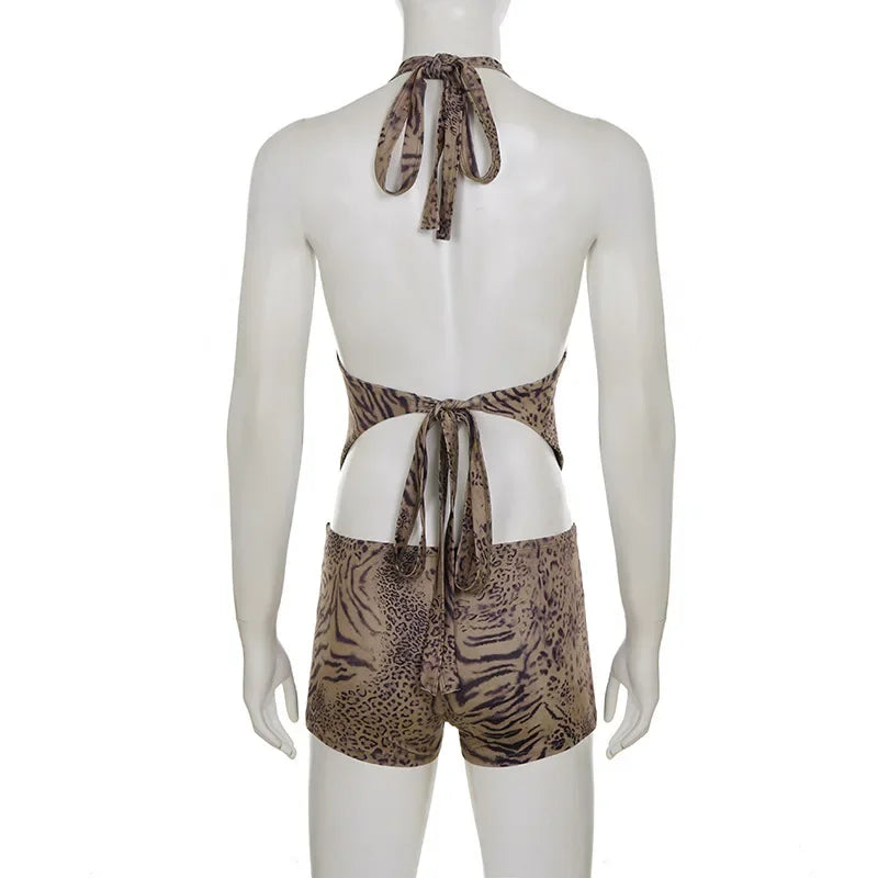 Leopard Sexy Deep V-neck Print 2 Piece Set Outfit Halter Backless Crop Top & Low-Rise Shorts Sexy 2pcs 2026