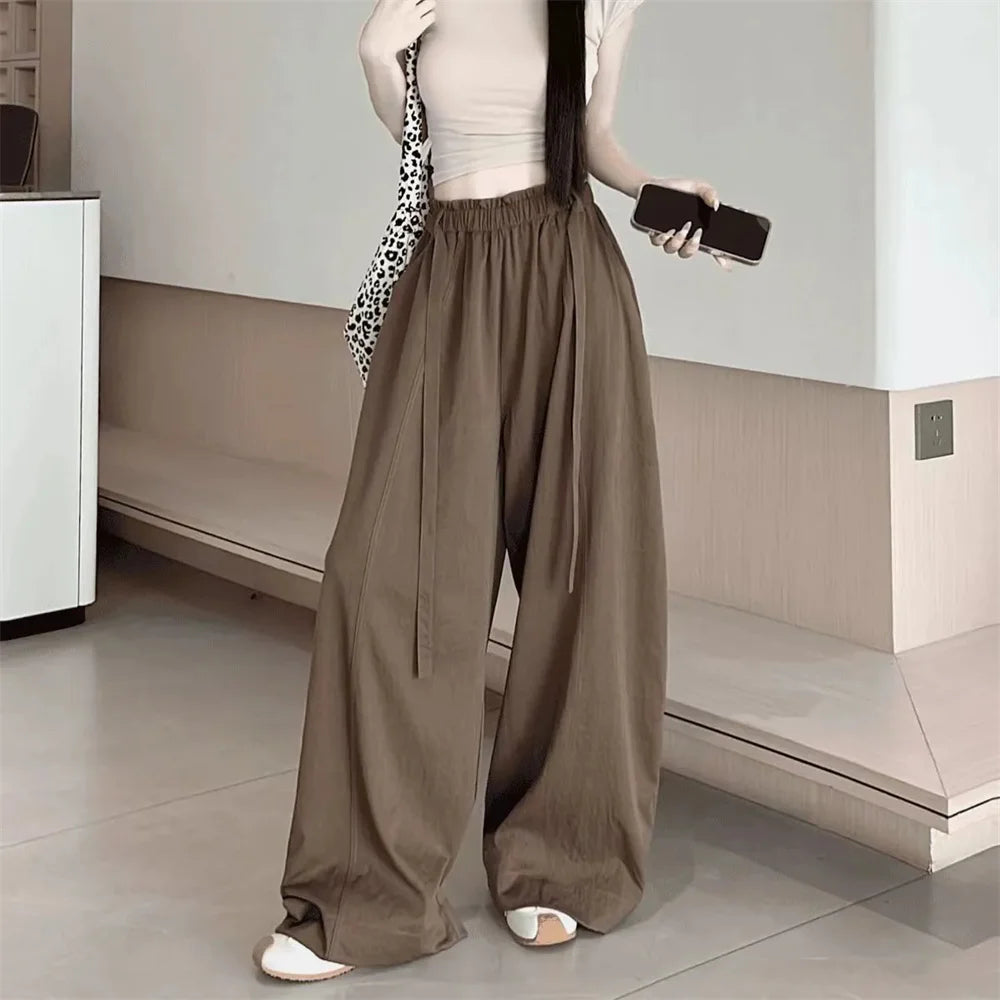 Summer Women Wide Leg Pants Elastic High Waisted Loose Casual Trousers Pockets Drawstring Gray Comfortable All-Match Streetwear