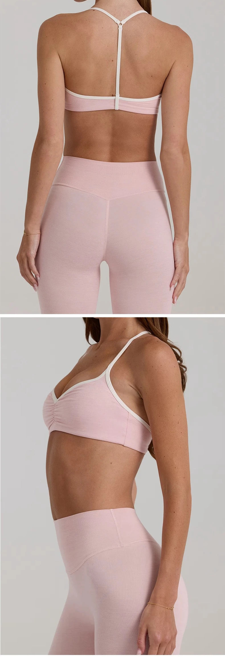 Women 2 Piece Yoga Set Ruched Front T Back Sports Bra High Waist Leggings Soft Stretchy Nude Fabric Gym Running Workout Outfit