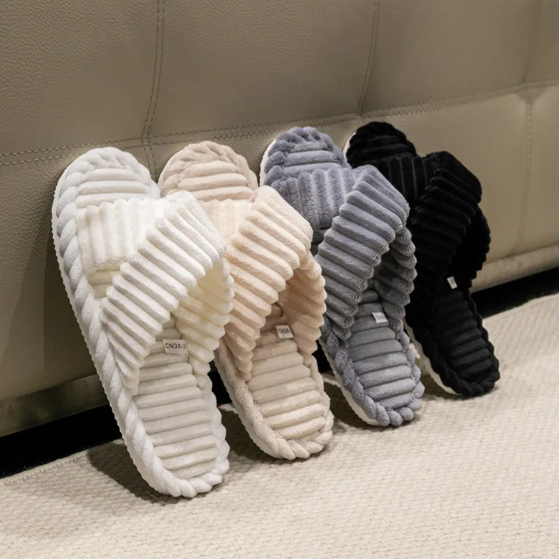 Fashion Corduroy Cross Band Open Toe Home Slippers Women Autumn Winter Warm Plush Slides Ladies Bedroom Soft Sole Slippers