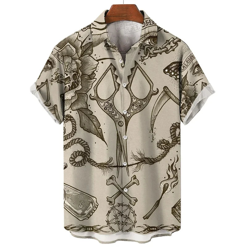 3D retro digital printed men's lapel short sleeved shirt