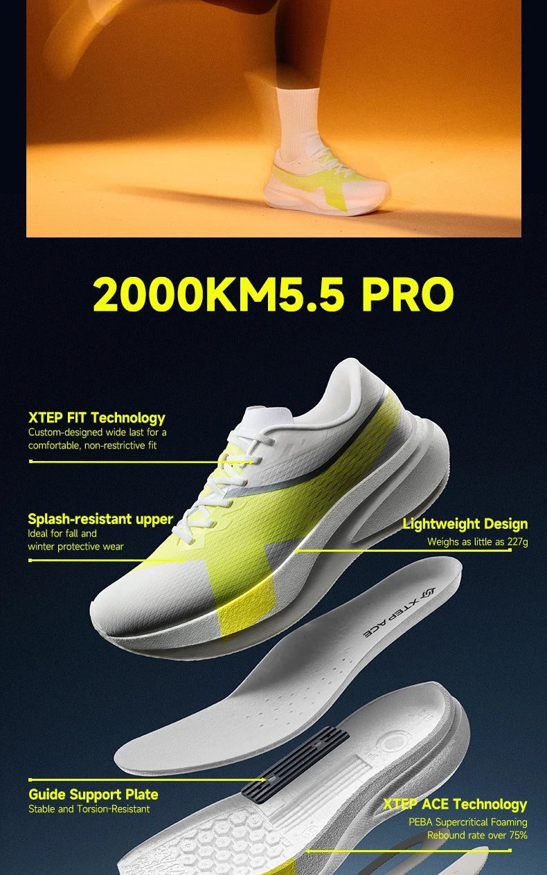 XTEP 2000KM 5.5 PRO Men Running Shoes Plate-free Racing Training Shoes with Cushioning and Water-repellent Finish 874419110062