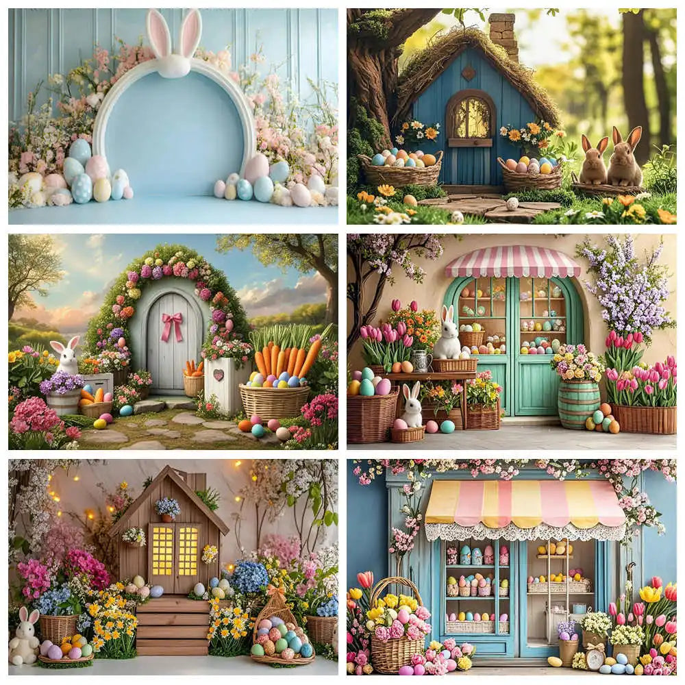 Happy Easter Day Photography Background Blue Wood Board Easter Egg Spring Flower Rabbit Kid Birthday Portrait Photocall Backdrop