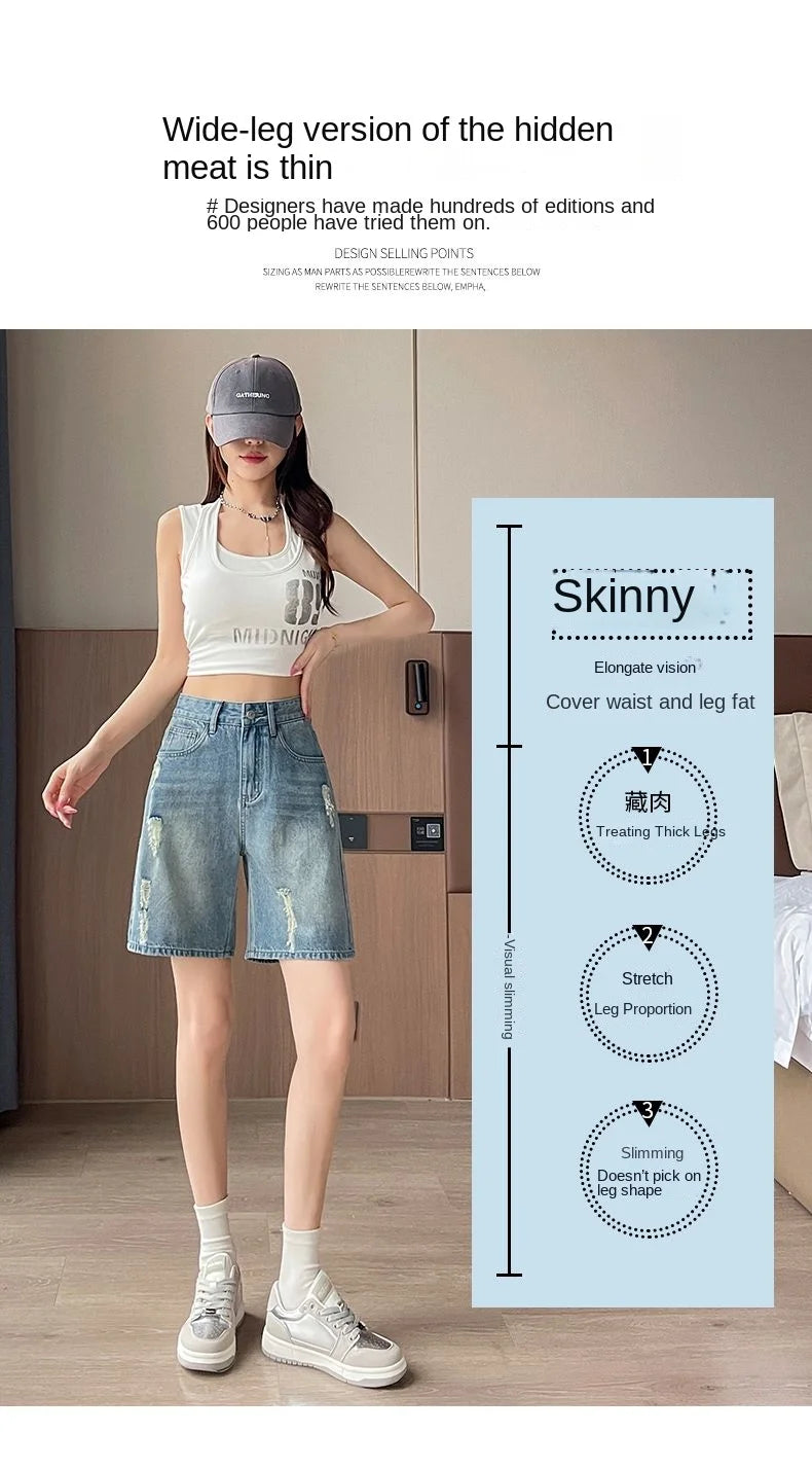 2026 Summer New Women Vintage Washed Ripped Denim Bermuda Shorts Loose Straight Five Points Casual Street Jeans