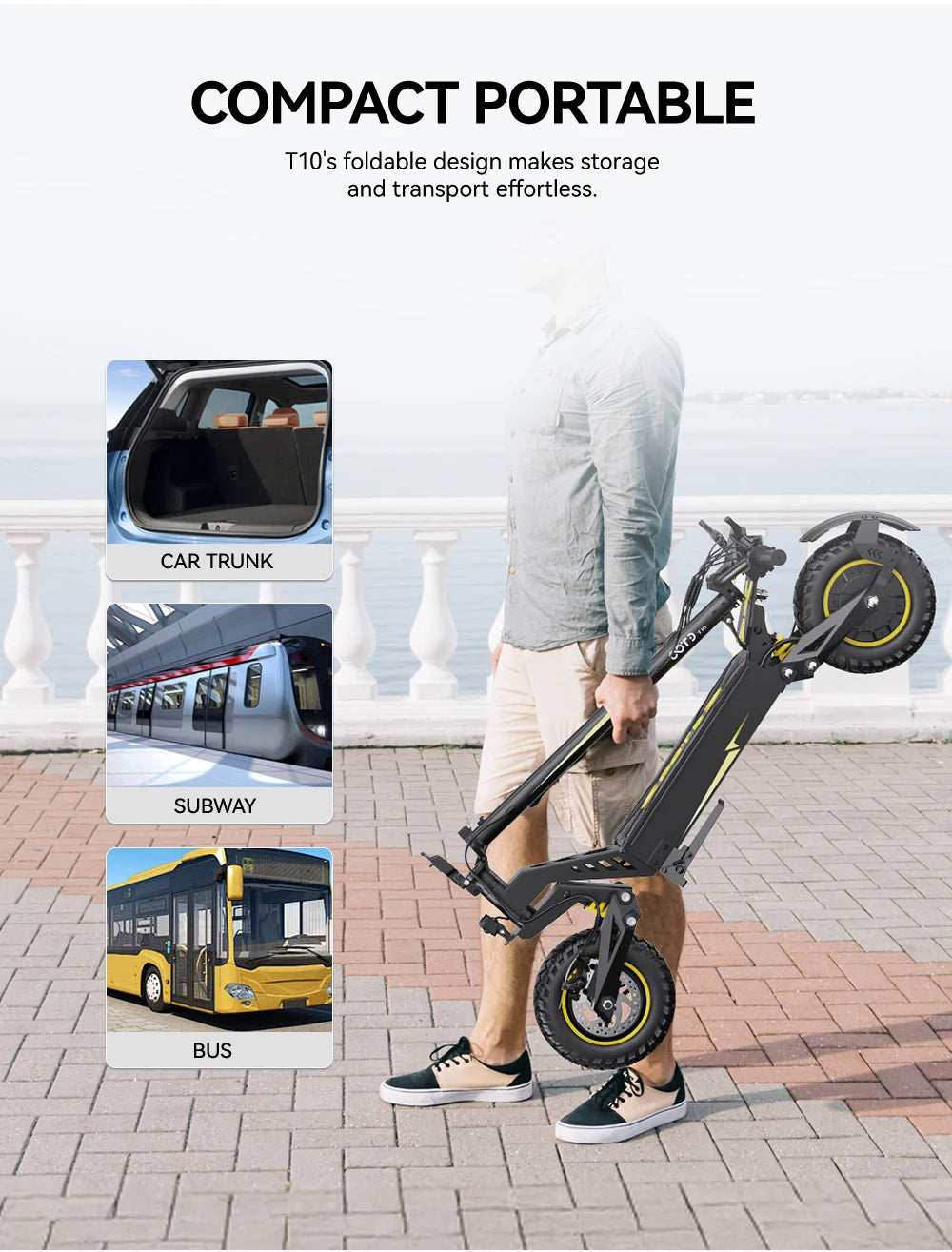 OOTD T10 Adult Foldable Electric Scooter(Yellow), Max 900W Motor & 18Ah Battery, 45-60km Range, 11 Inch All-Terrain