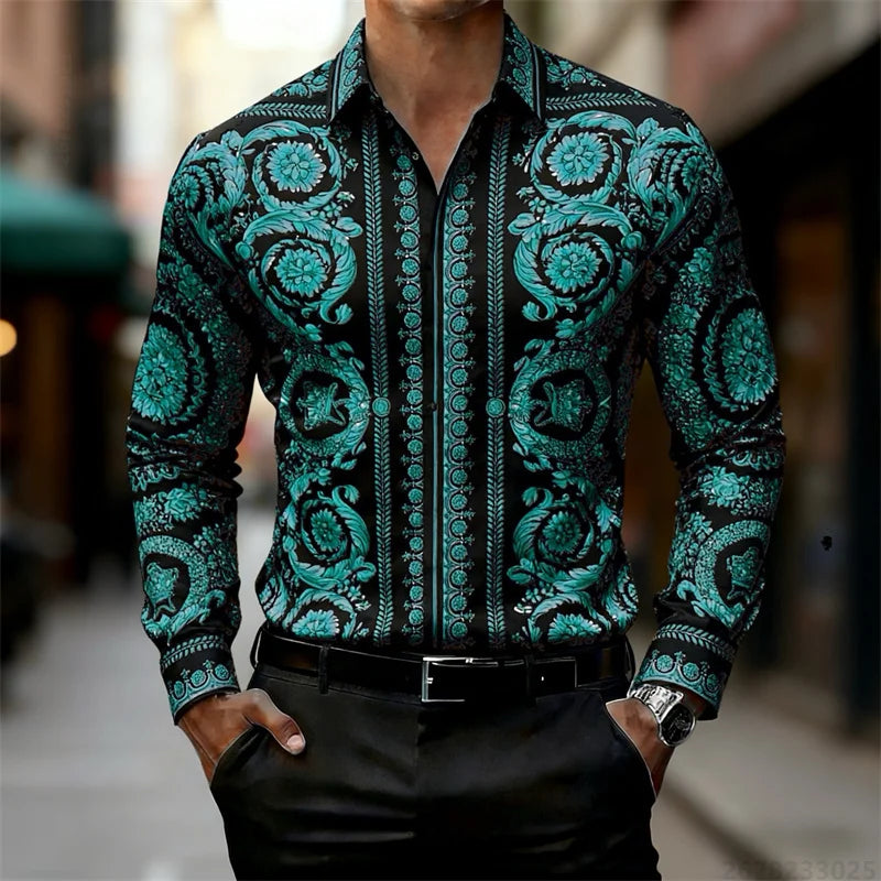 Men's Shirt Luxury Baroque Style Gold Pattern Long Sleeve Shirt Fashion Slim Palace HD Print Shirt AliExpress Hot Sale XS-6XL