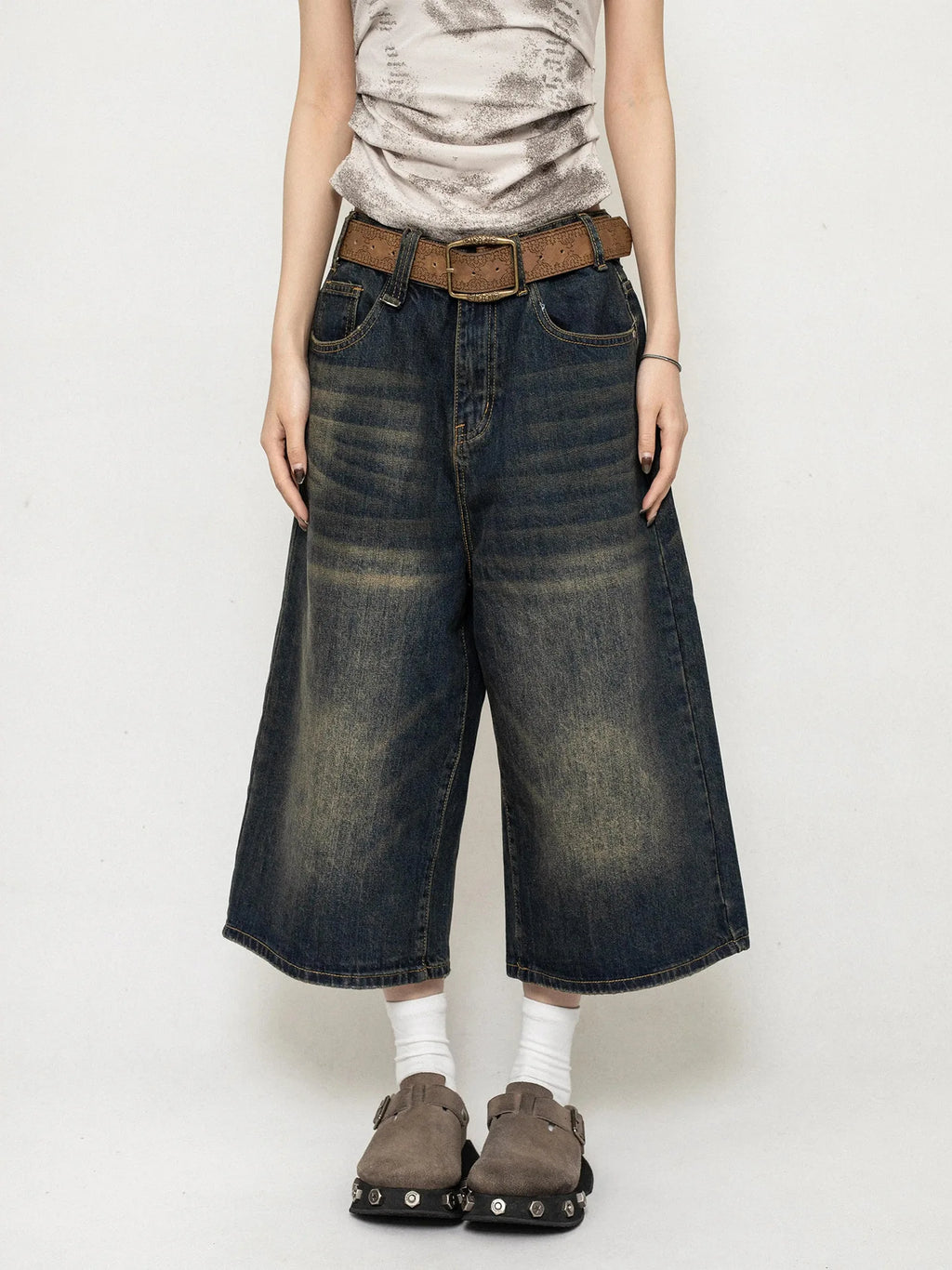 High Waist Black Retro Washed Denim Shorts Women's Harajuku Vintage Fashion Casual Loose Y2K Streetwear Mid Long Wide Leg Pants