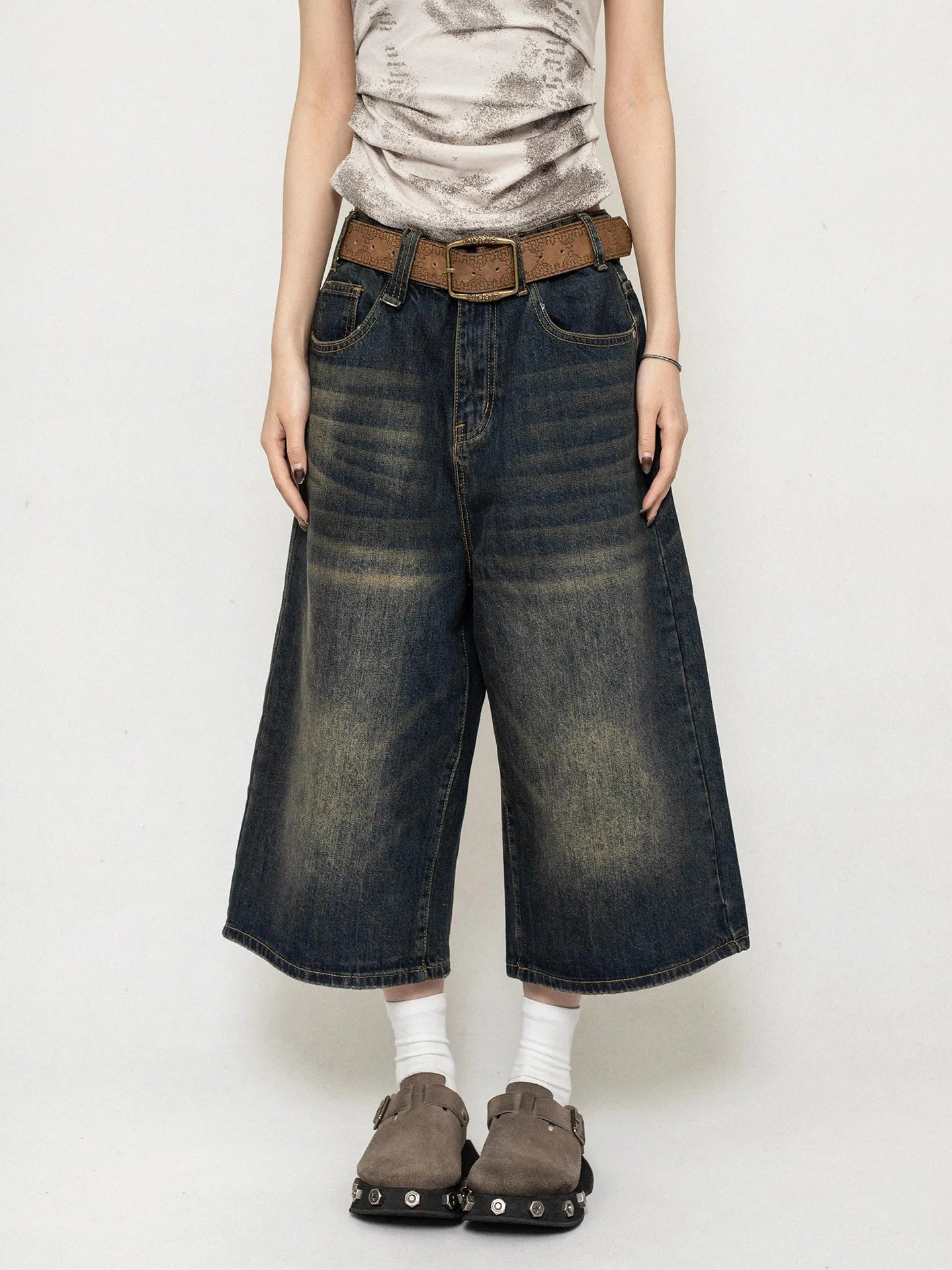 High Waist Black Retro Washed Denim Shorts Women's Harajuku Vintage Fashion Casual Loose Y2K Streetwear Mid Long Wide Leg Pants