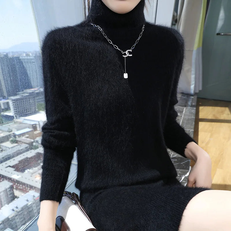 New Hot Selling 100% Mink Cashmere Knitted Women's High Neck Pullover Dress Sweater Slim Fit Solid Color Long Women's Dress