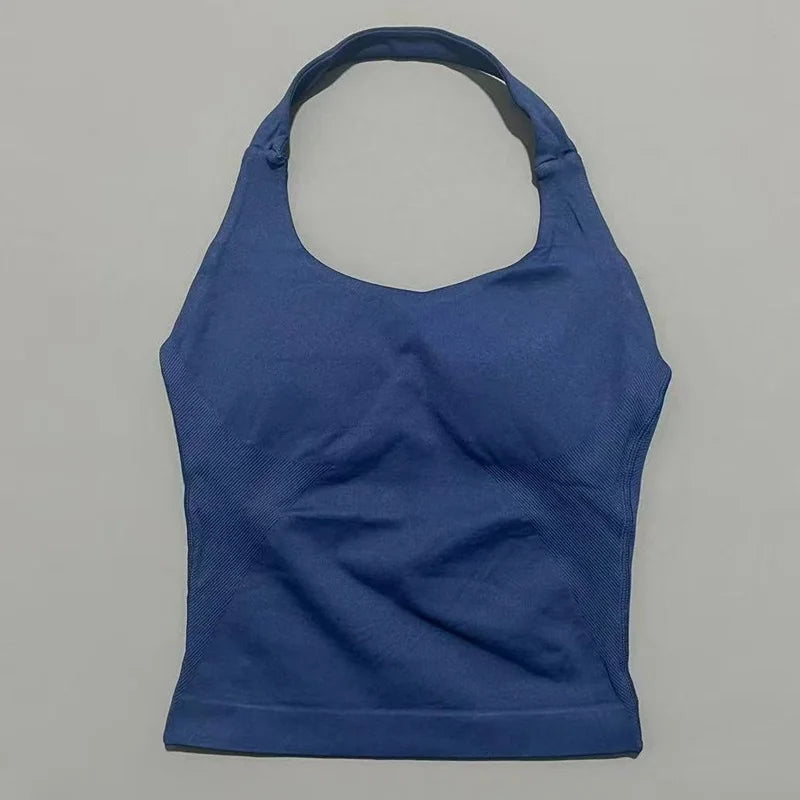 Halter Yoga Tank Top Women Sexy Seamless Strappy Backless Slim Fit Padded Breathable Gym Fitness Running Workout Sports Tops