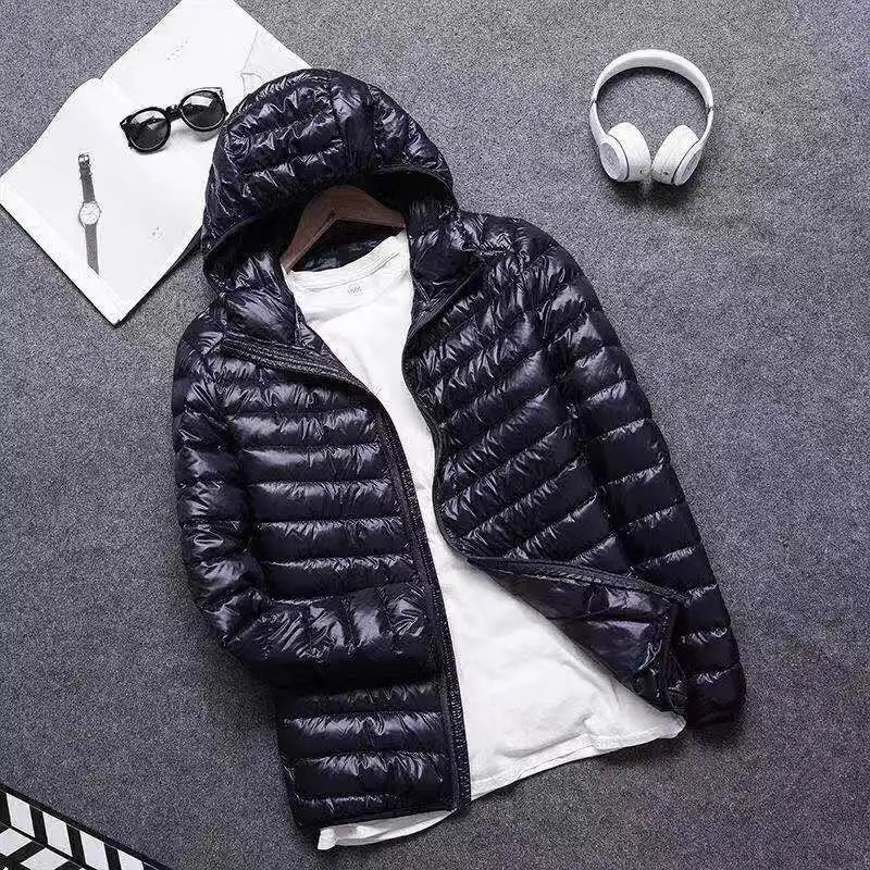 Down Cotton Coat Man 2025 Light Feathered Cotton Jacket Winter Slim Hooded Stand-Up Collar Solid Color Warm Clothing