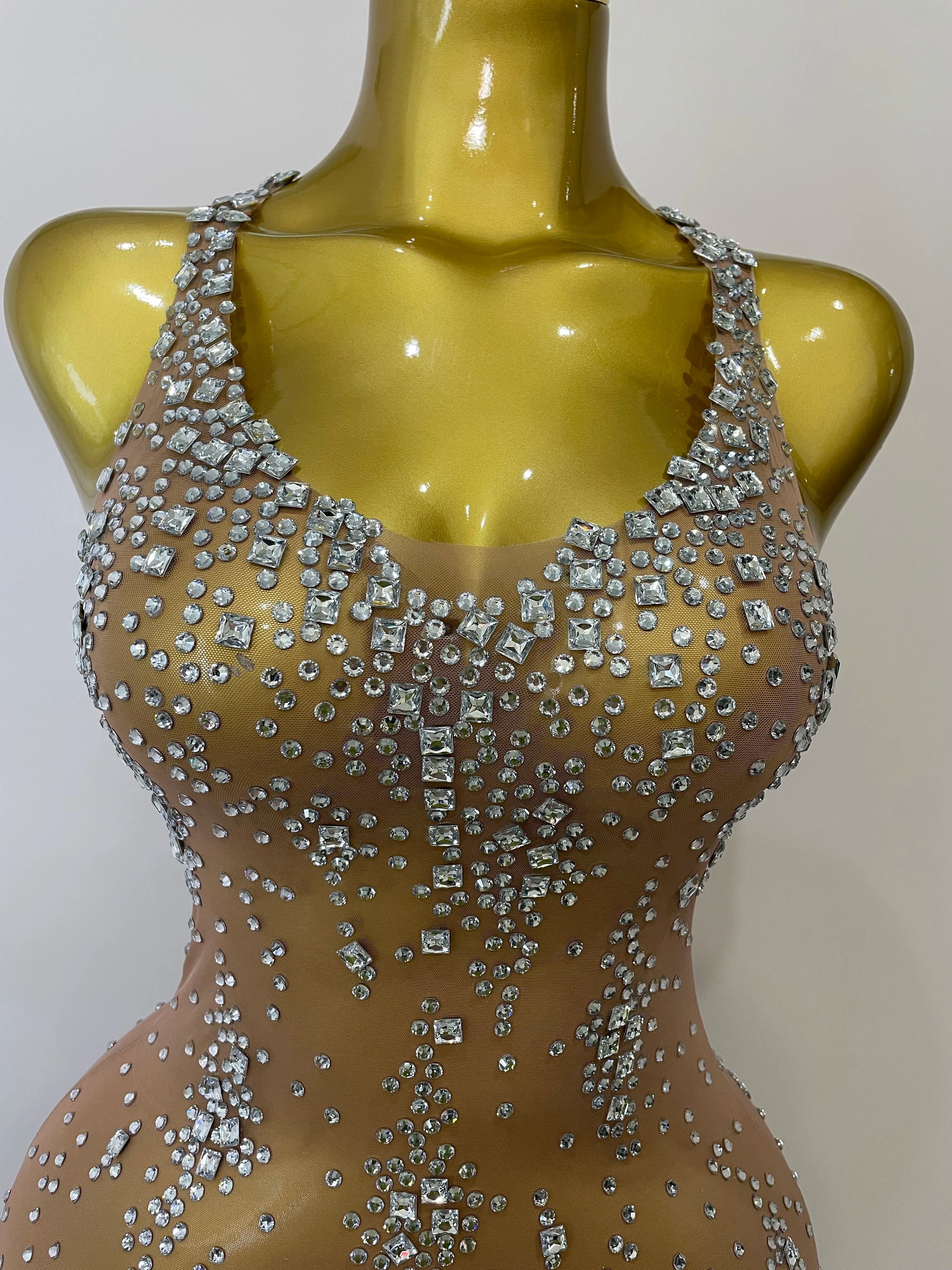 2025 New Sparkly Rhinestone V Neck Stretch Mesh Sexy See Through Dress Women Elegant Party Celebrate Perform Costume Stage Outfi