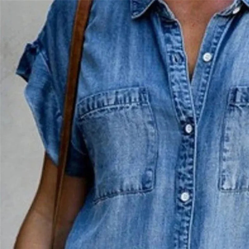Summer Women's Denim Shirt Dress Single Breasted Casual Loose Pocket Retro Simple Denim Short Skirt
