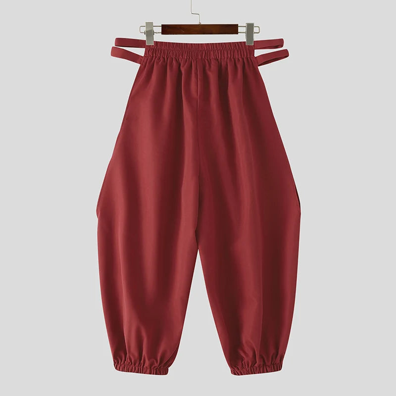 INCERUN Men's Pants Solid Hollow Out Elastic Waist Joggers Trousers For Man Streetwear Loose 2026 Casual Calf-length Pants S-5XL
