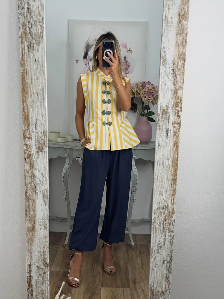 Striped Mandarin Collar Frog Button Ruffle Trim Top Striped Single‑breasted 2026 Summer Women Blouse Versatile Casual Lady Top