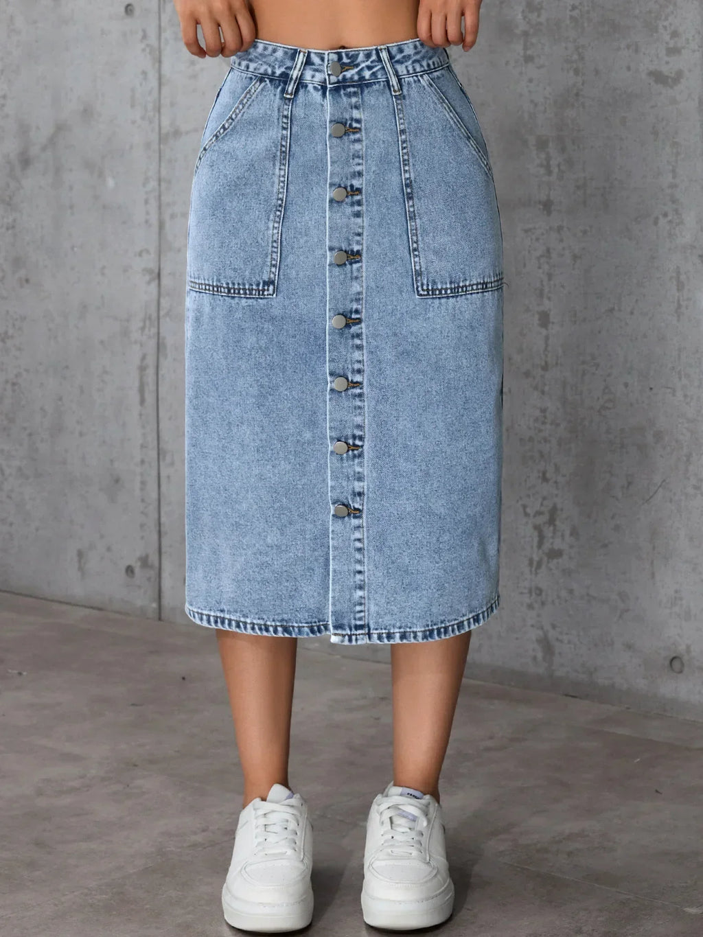 Women Waist Stretchy Denim Pencil Skirt, Midi Knee Length Slit Bodycon Flattering Casual Daily Streetwear Chic Ladies Midi Skirt