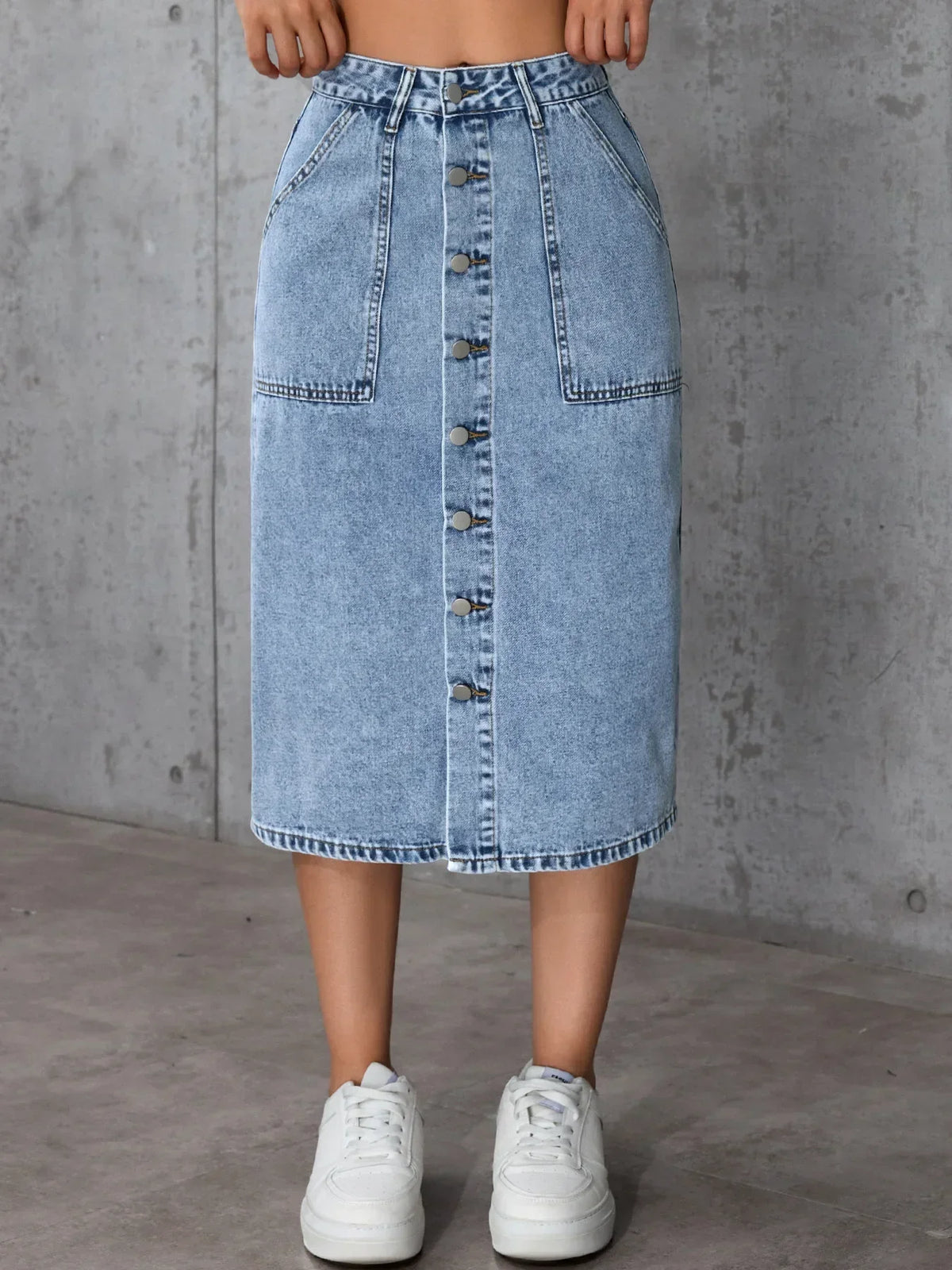 Women Waist Stretchy Denim Pencil Skirt, Midi Knee Length Slit Bodycon Flattering Casual Daily Streetwear Chic Ladies Midi Skirt