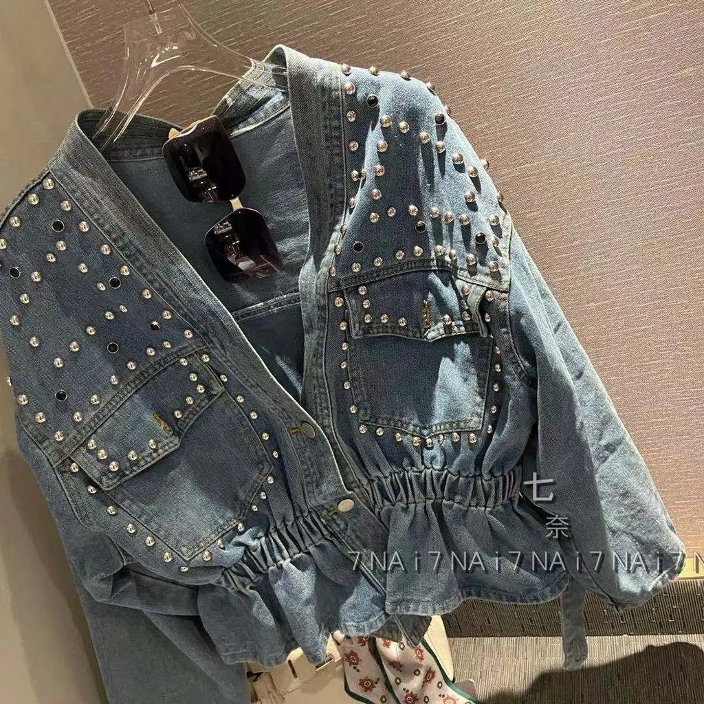 Design Inspired Denim Jacket For women 2026 Spring Autumn New Heavy Industry diamond Studded Nail bead Slimming Long sleeved Top