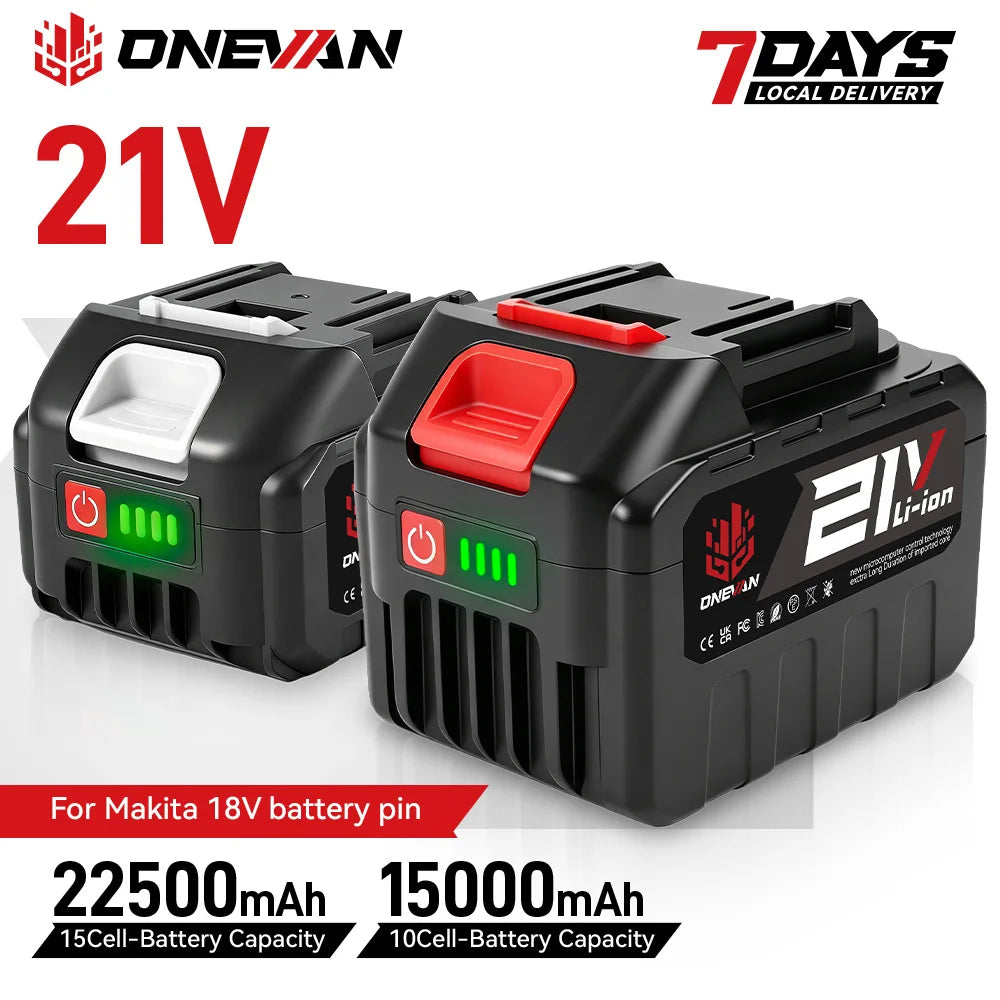 ONEVAN 15000mAh 22500mAh Lithium Ion Battery Rechargeable Battery With Charger Electric Wrench Power Tool For Makita 21V Battery Pin Tool