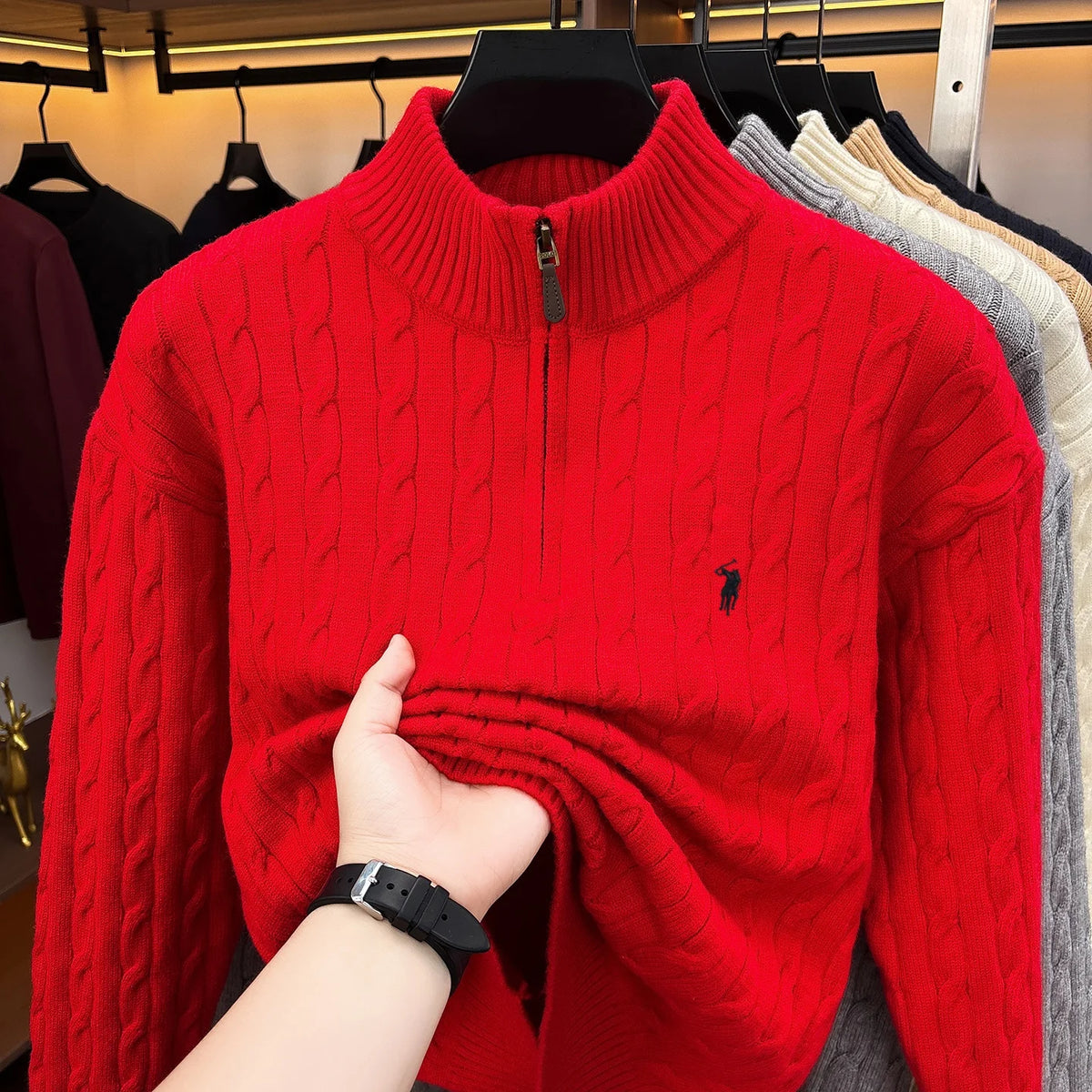 Fashion Half Zipper Sweater Men's Winter Warmth New exquisite jacquard design luxury brand golf pony embroidery knitted pullover