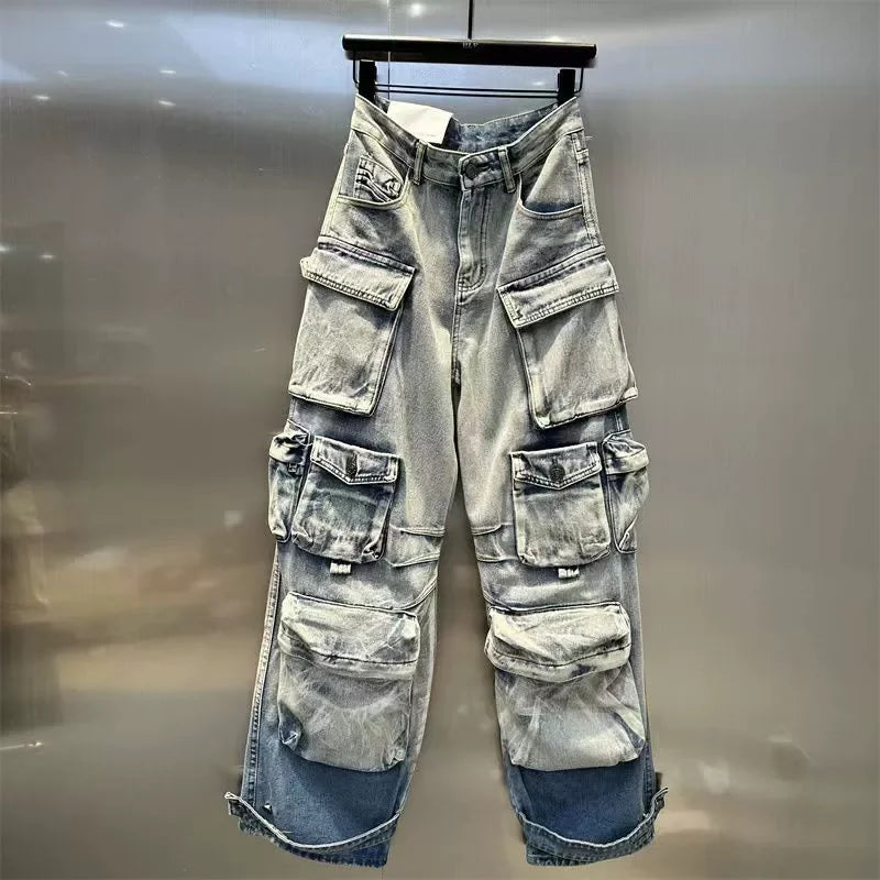 Jeans Women Denim Distressed Multi Pocket Y2k Streetwear Cargo Pants Casual High Waist Zipper Fly Winter Gradient Mom Jeans