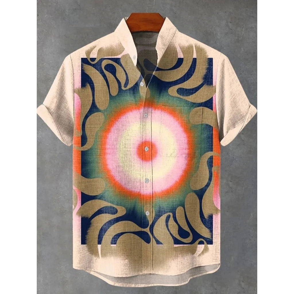 Men's Short Sleeve Printed Shirt Fashion Urban Style Polyester Fabric Loose Fit Casual Wear Turn-down Collar Classic Design