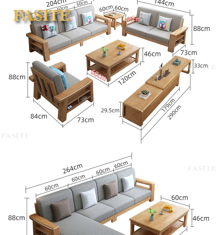 Nordic solid wood three-person sofa, modern simple fabric, small apartment concubine coffee table combination furniture