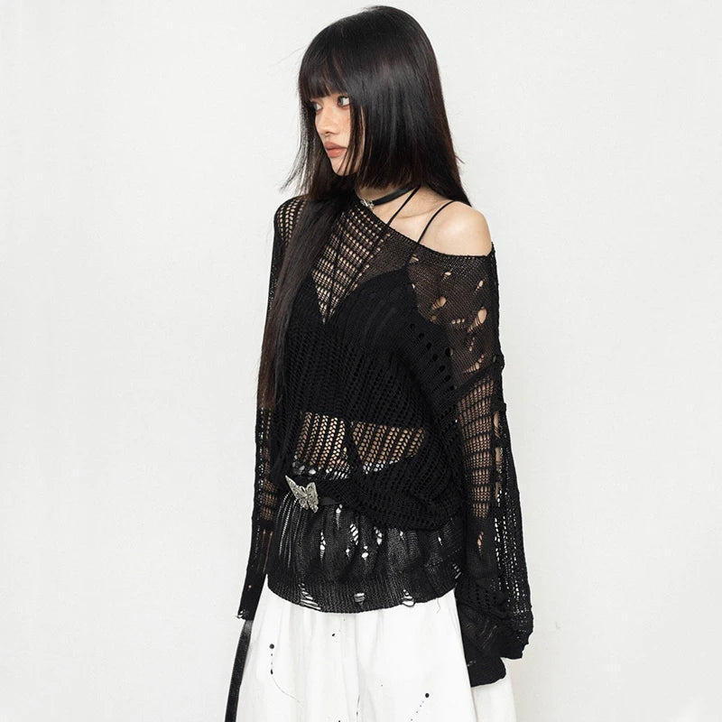 Y2K Hollow Out Knitted Pullovers Women Korean Harajuku Oversized Sweater Summer Sexy Slash Collar Long Sleeve Sunscreen Jumper