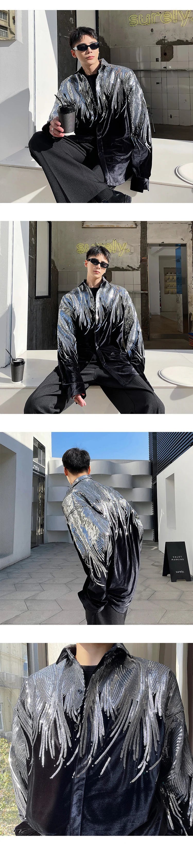 IEFB Summer Embroidery Sequin Velvet Fashionable Temperament Men's Long Sleeve Shirts Lapel Personal Design Oversize Tops 9Y6658