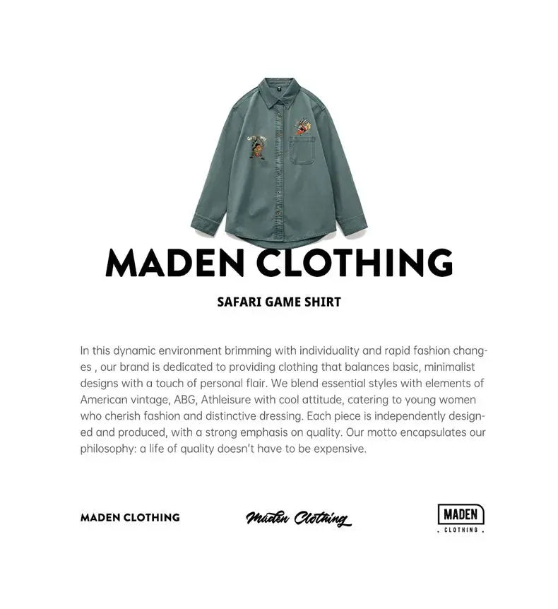 Maden Women's Vintage Washed  Embroidered Print Long Sleeve Shirt 100% Cotton Loose Fit Collar Blouse Single-breasted Fall Tops