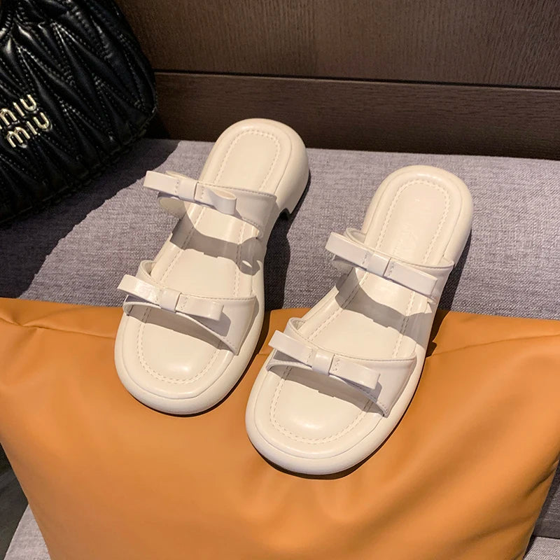 Summer Women Bow Decor Platform Slide Sandals Open Toe Non Slip Comfortable Shoes for Daily Casual Outdoor Beach Wear