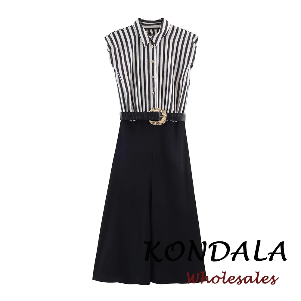 KONDALA Chic Striped Patchwork Modern Woman Belt Long Dress Buttons Spring Fashion 2026 Dress Elegant Sleeveless Female Vestidos