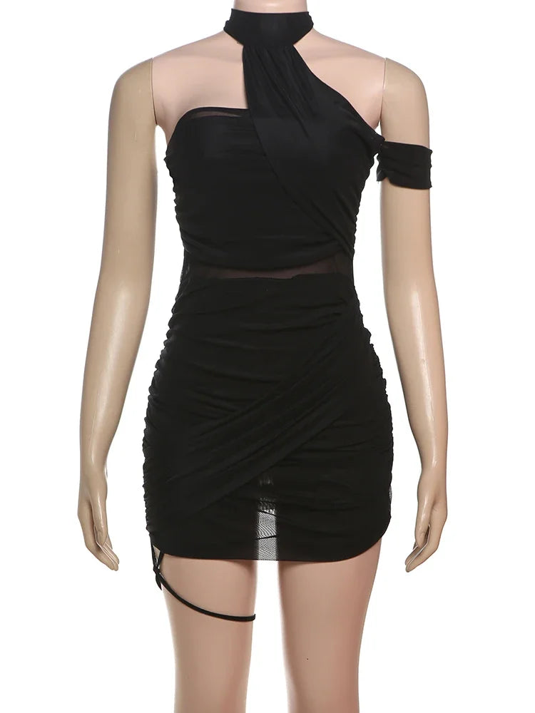 Leosoxs See Through Sexy Dress Women Y2K Cross Bandage Backless Halter Sleeveless Summer Trend Midnight Clubwear Mini Bodycon