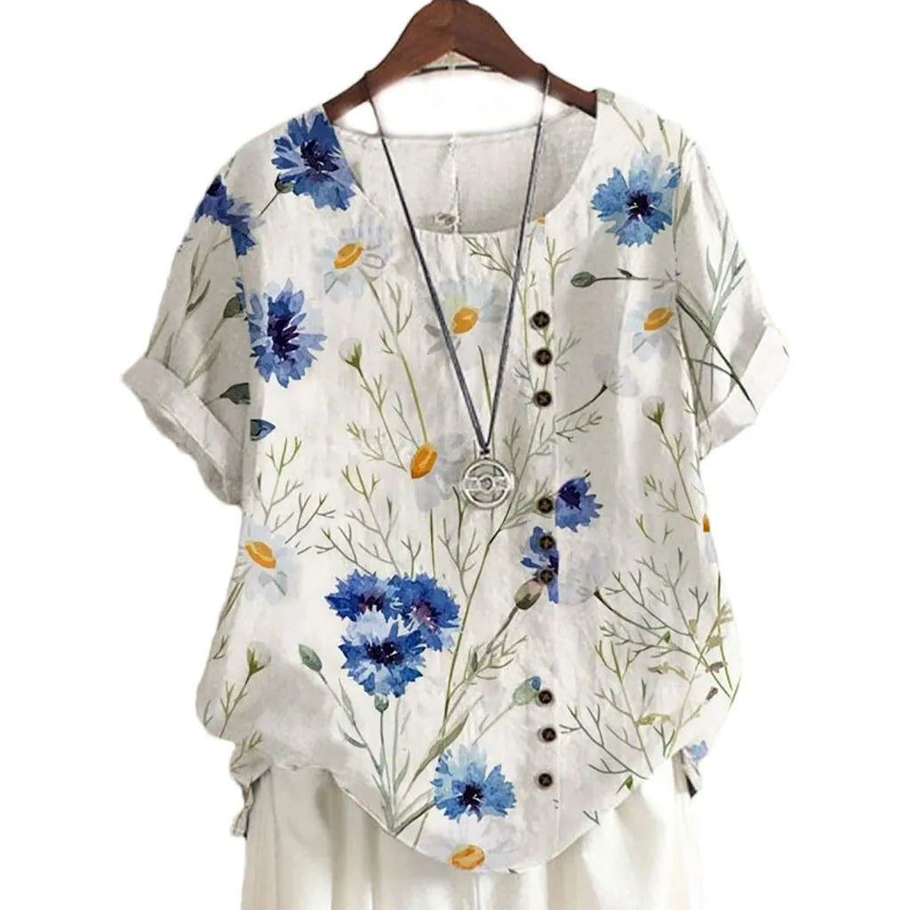 2025 Summer retro fashion printed loose casual shirt top, suitable for casual or vacation ladies' beachwear
