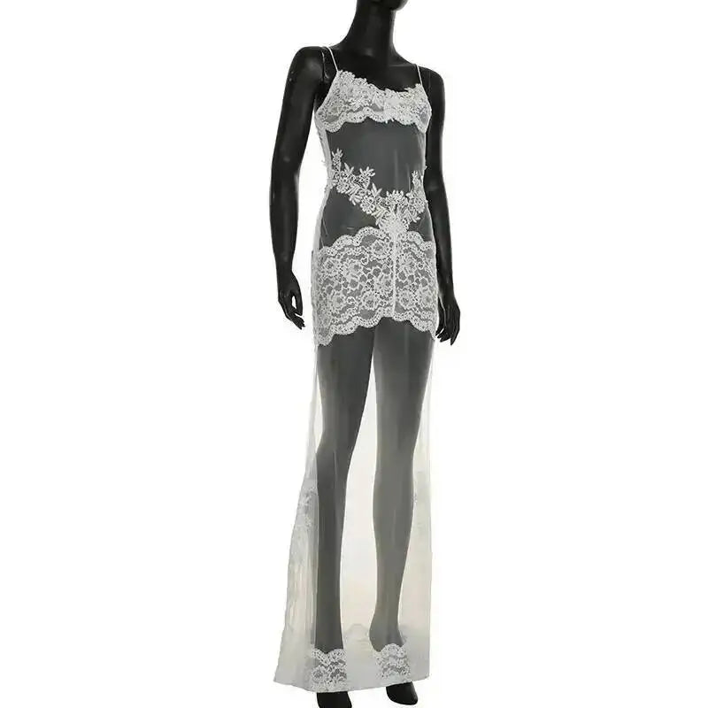 Lace Transparent Mini Dress For Women's Shestyle Embroidery Flower Mesh Transparent Flare Outfits Prom Nightwear Club Long Dress