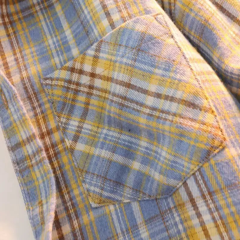 Retro Japanese Plaid Long Sve irt Men's Casual Loose Fit Spring Autumn Wear for Students And Couples Youth Faion